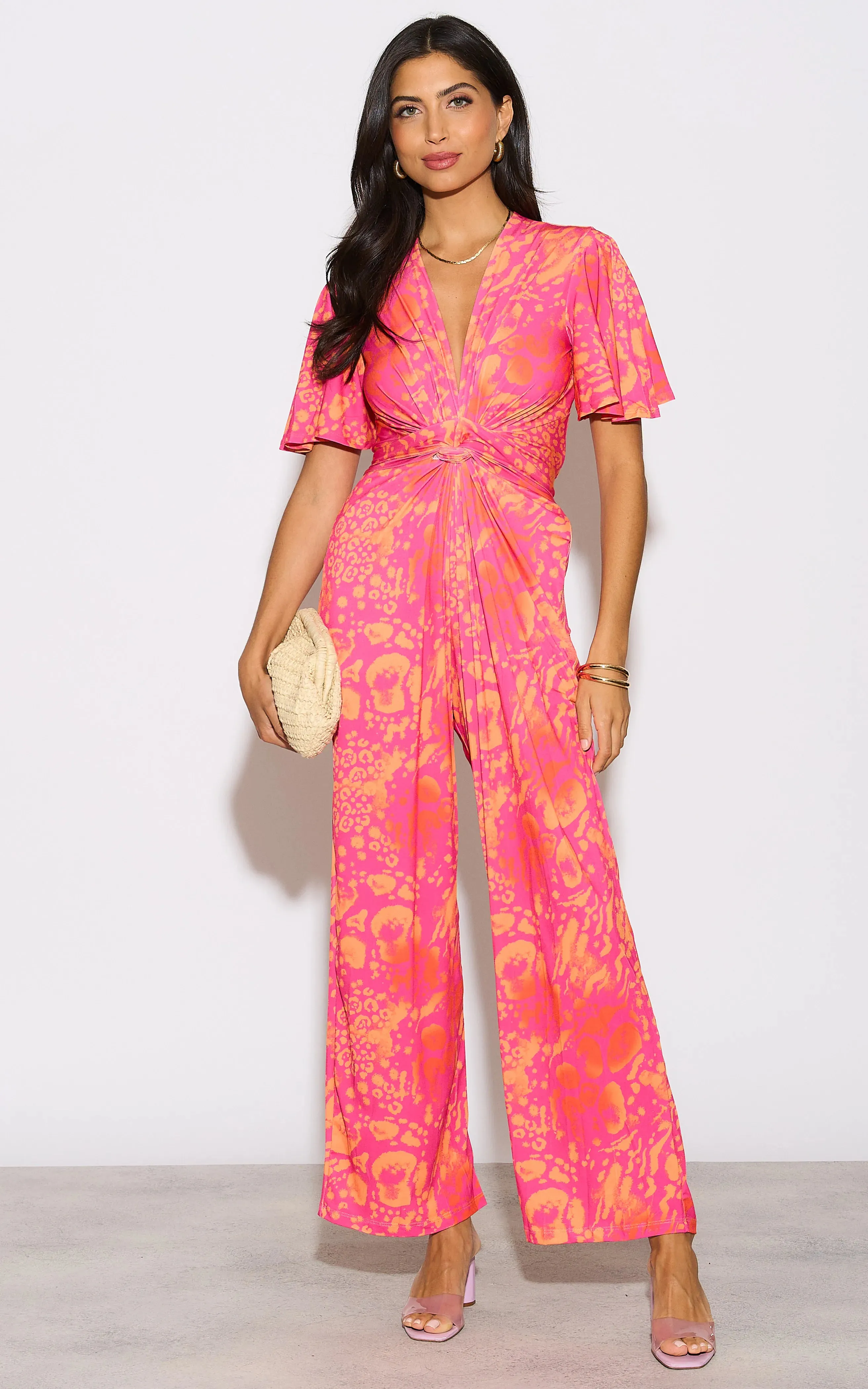 Angel Sleeve Twist Maxi Jumpsuit in Tropical Fuchsia print