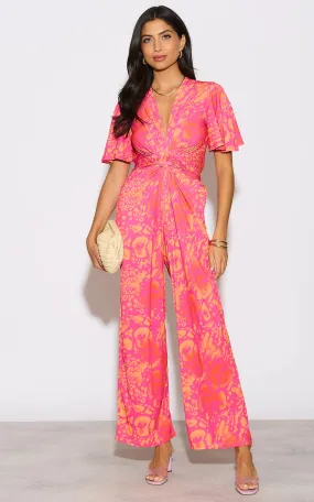 Angel Sleeve Twist Maxi Jumpsuit in Tropical Fuchsia print