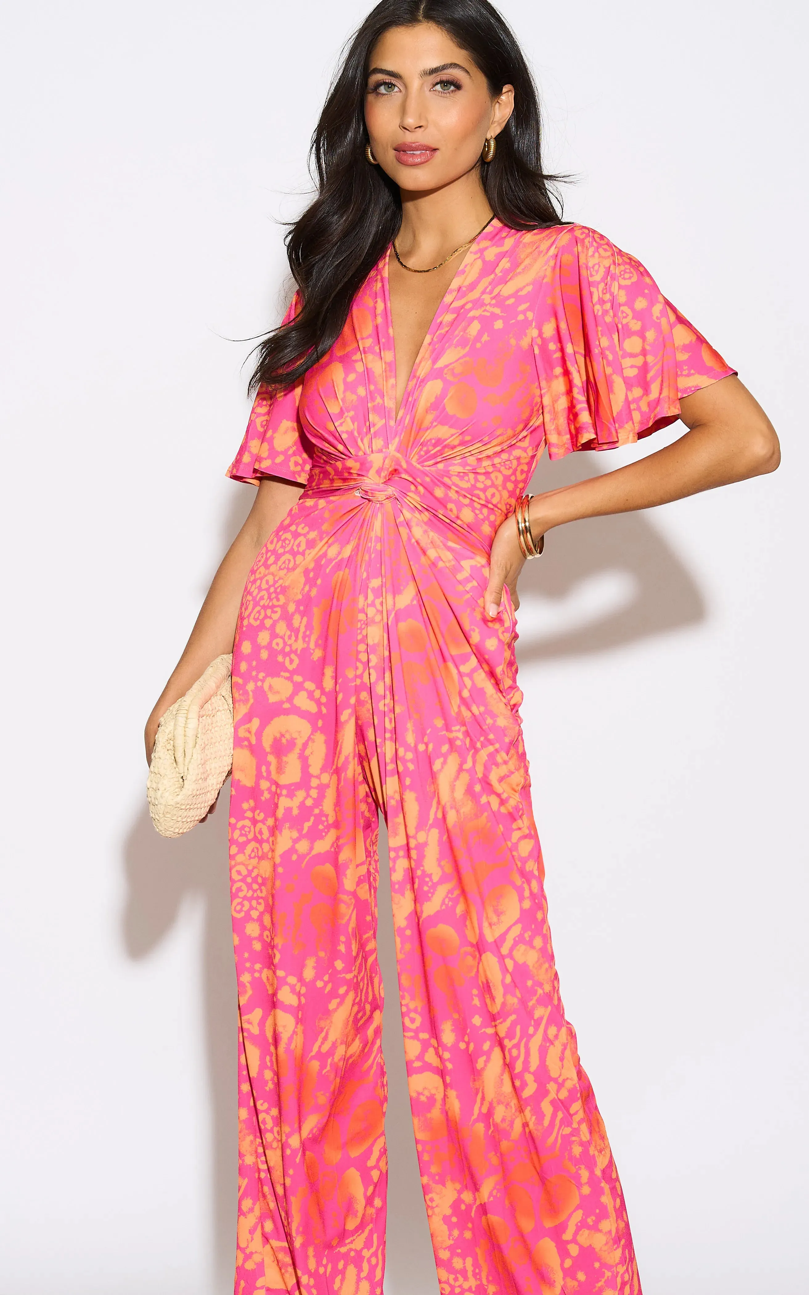 Angel Sleeve Twist Maxi Jumpsuit in Tropical Fuchsia print