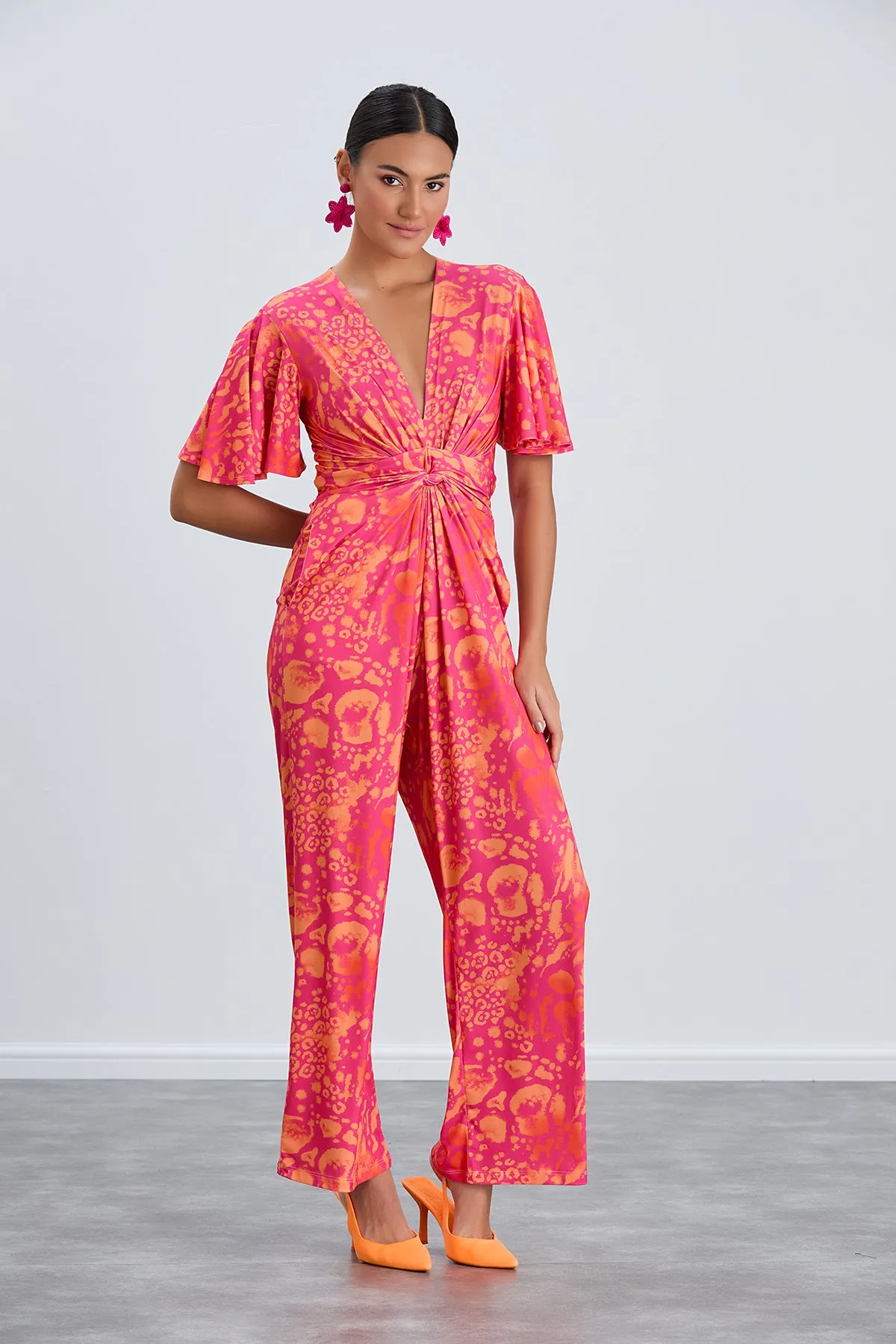 Angel Sleeve Twist Maxi Jumpsuit in Tropical Fuchsia print