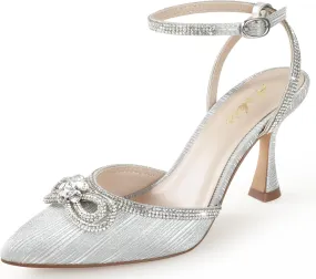 Ankis Women's Rhinestone Bow Heels Closed Toe Pumps Strappy Heels for Women