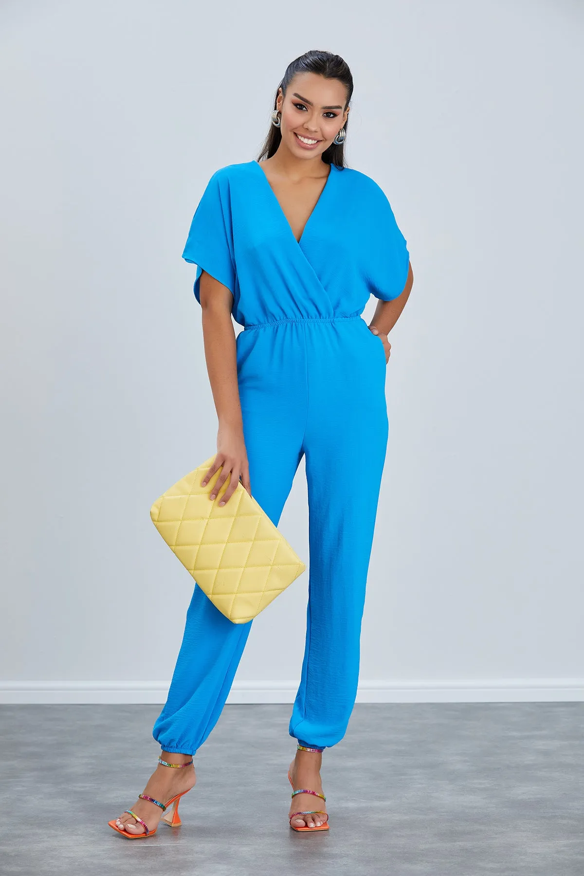Batwing Sleeve Elasticated Waist Jumpsuit in Blue