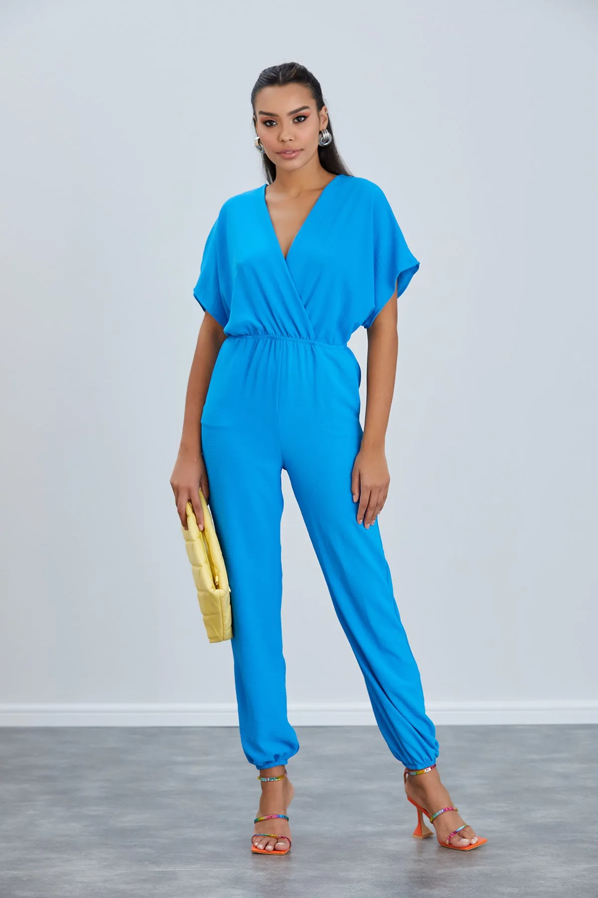Batwing Sleeve Elasticated Waist Jumpsuit in Blue