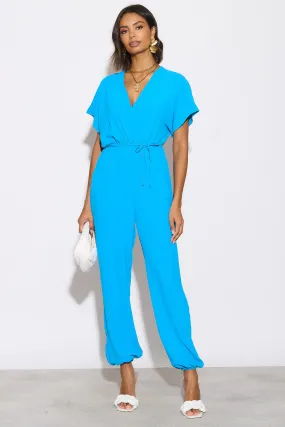 Batwing Sleeve Elasticated Waist Jumpsuit in Blue
