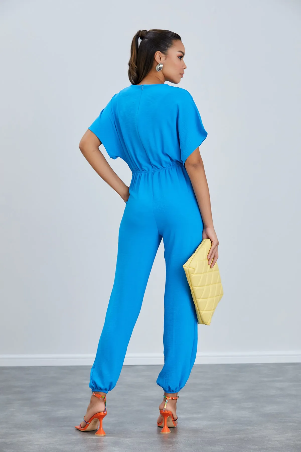 Batwing Sleeve Elasticated Waist Jumpsuit in Blue