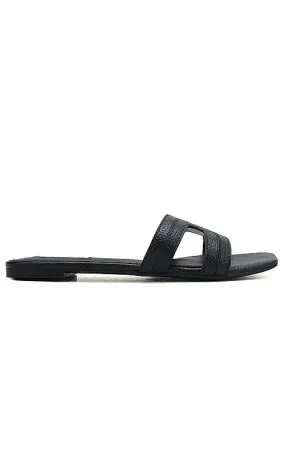 Black Textured Leather Sliders