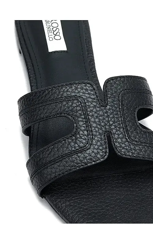 Black Textured Leather Sliders