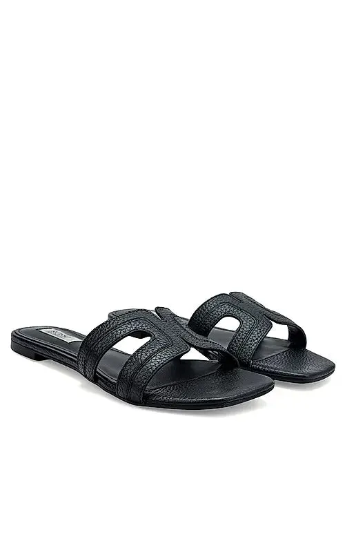 Black Textured Leather Sliders