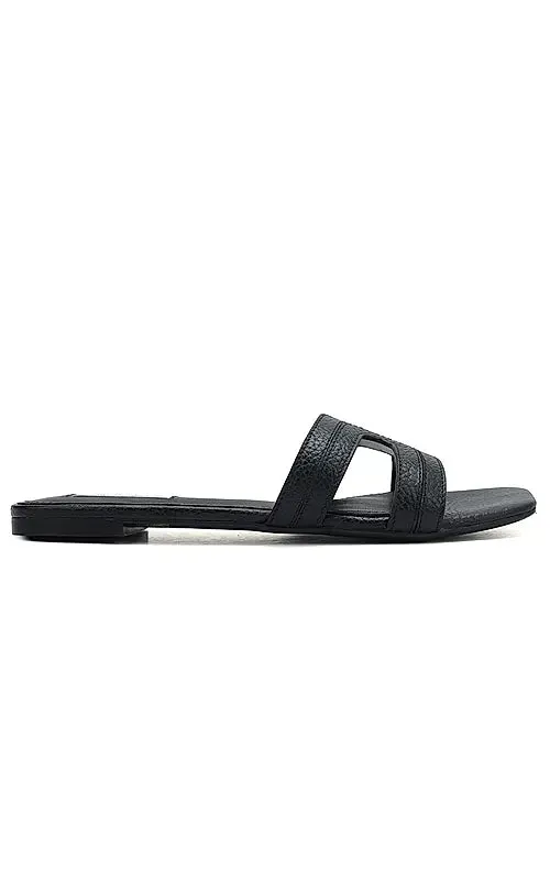 Black Textured Leather Sliders