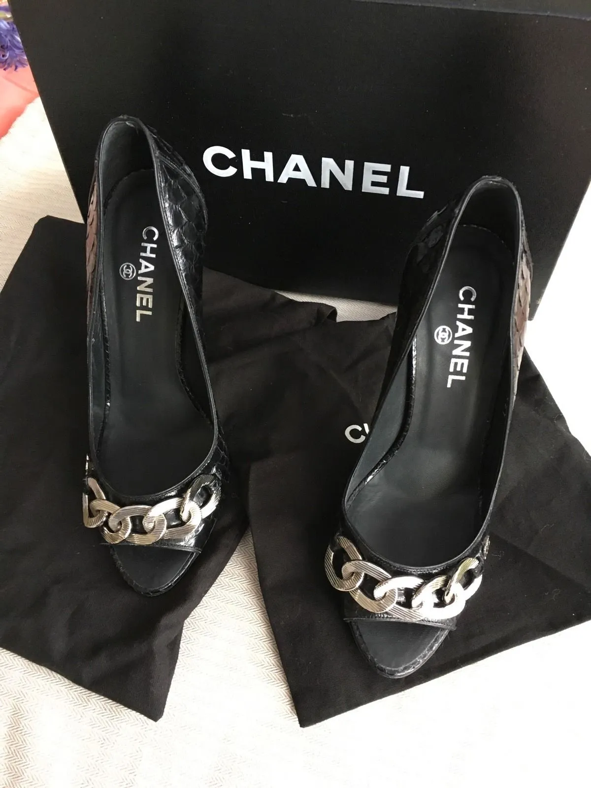 CHANEL CC CHAIN-LINK PYTHON SNAKESKIN Shoes Pumps Size 36 UK 3 US 6 LADIES
