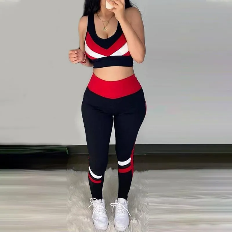 Colorblock Crop Top & High Waist Pants & Hooded Coat Set