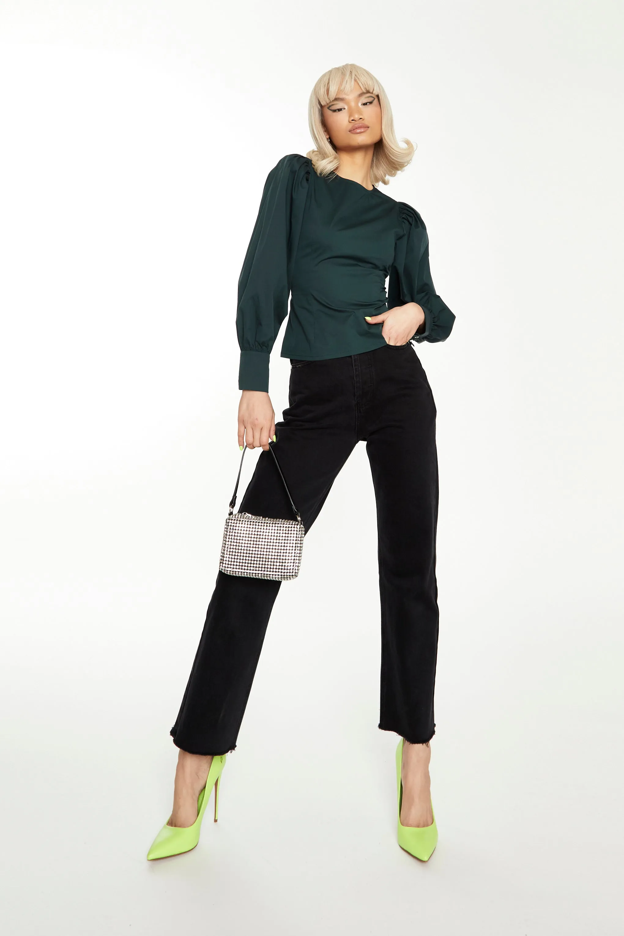 Glamorous Dark Green Puff Sleeve Fitted Top
