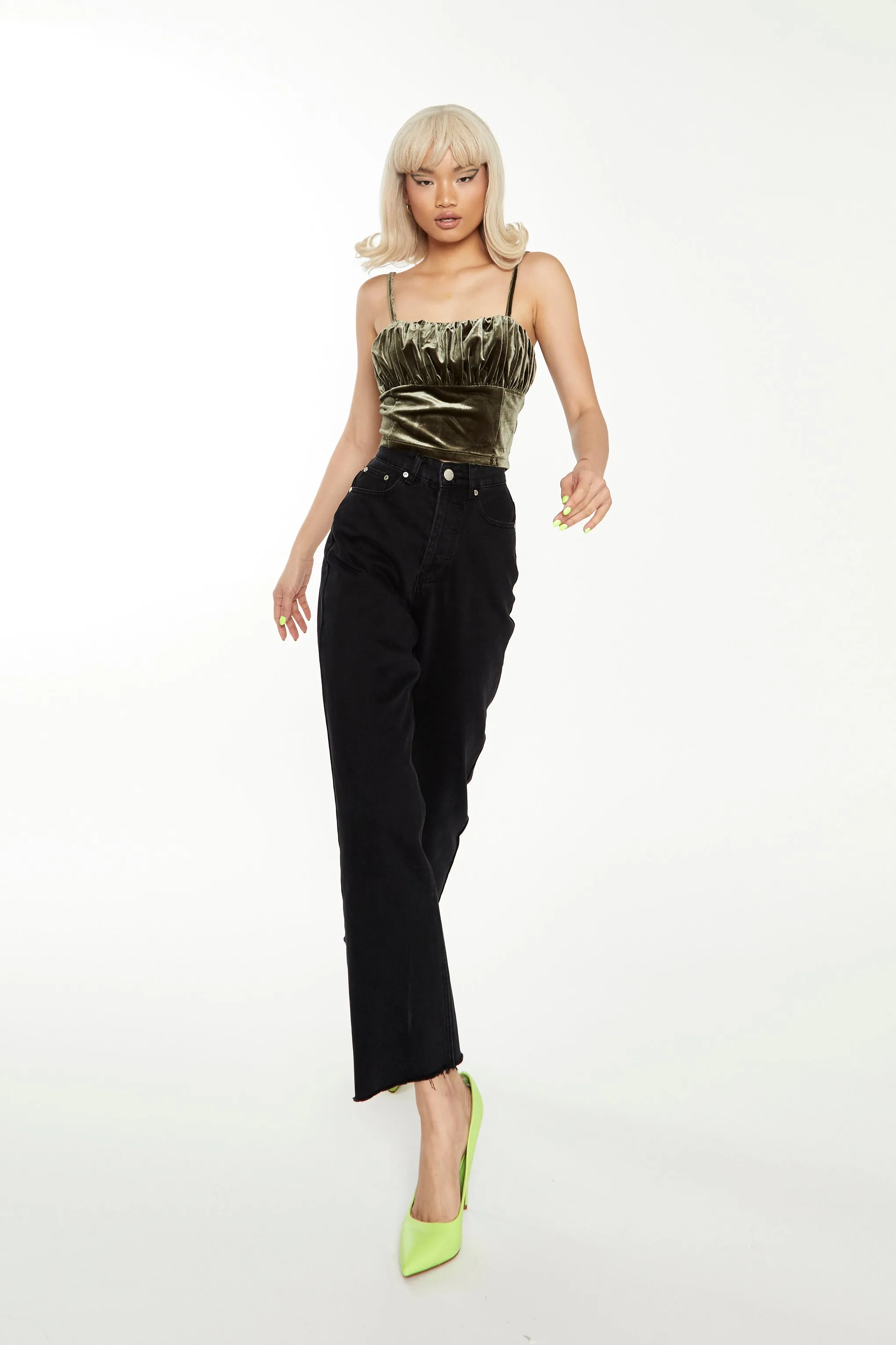 Glamorous Dark Olive Velvet Ruched Cami Top