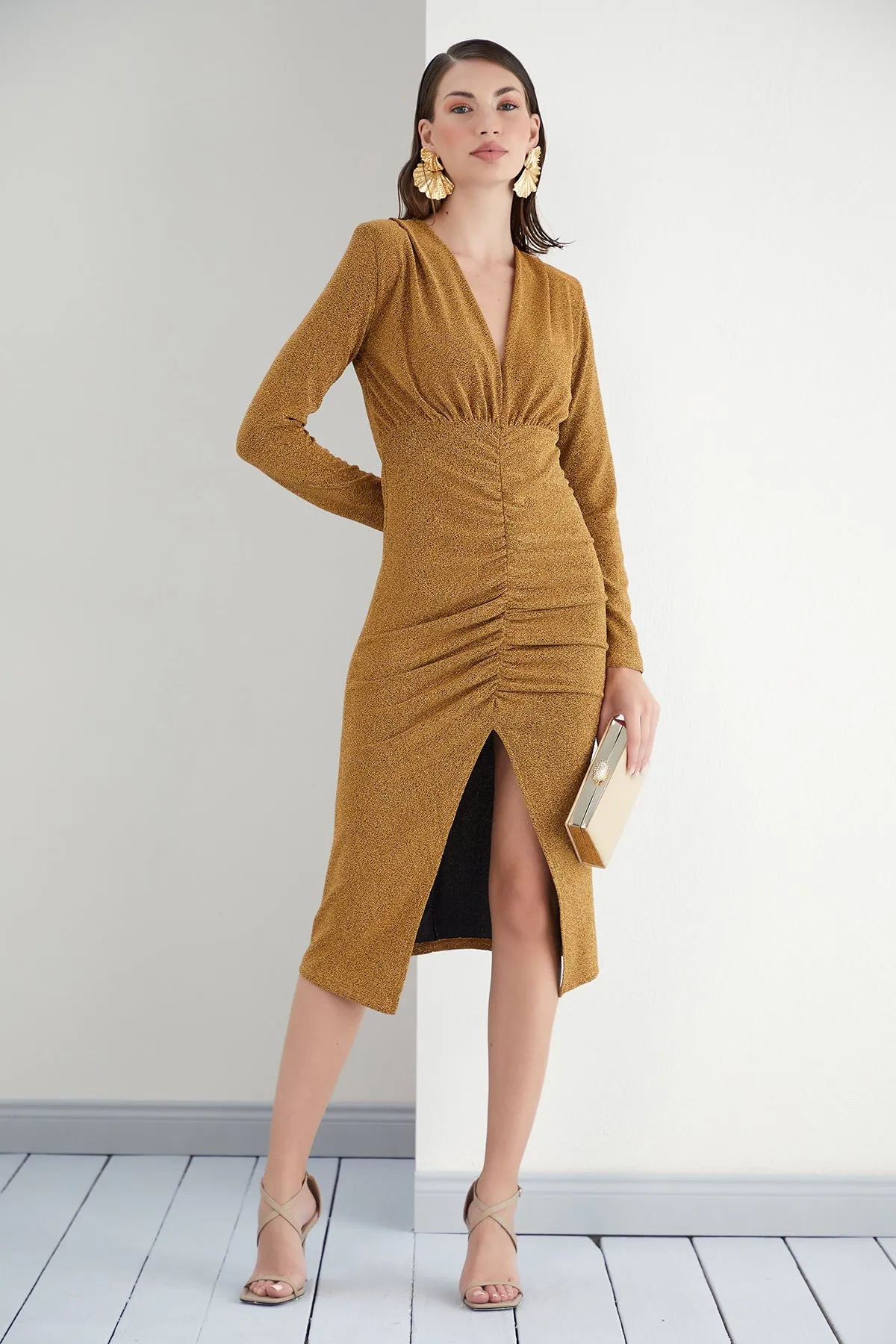 Glamorous Gold Shimmer Midi Dress