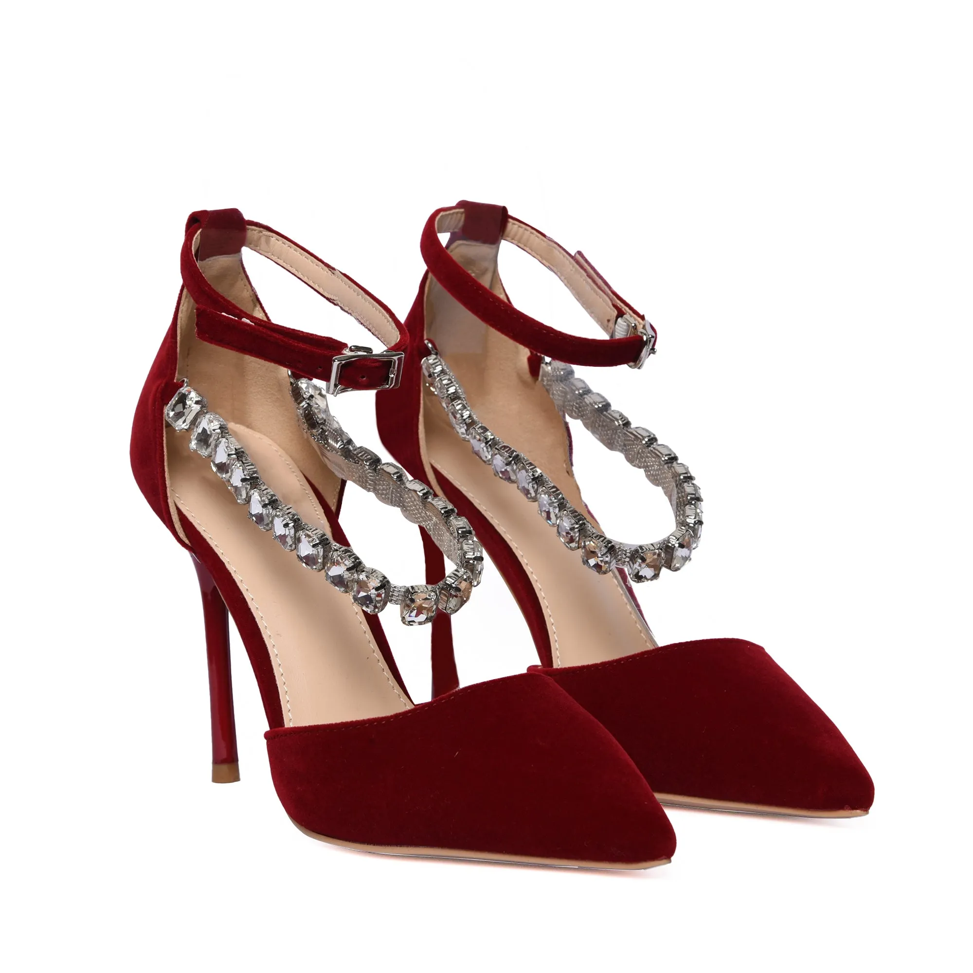 Glamorous Red Velvet Ankle Strap Heels | 461K-M