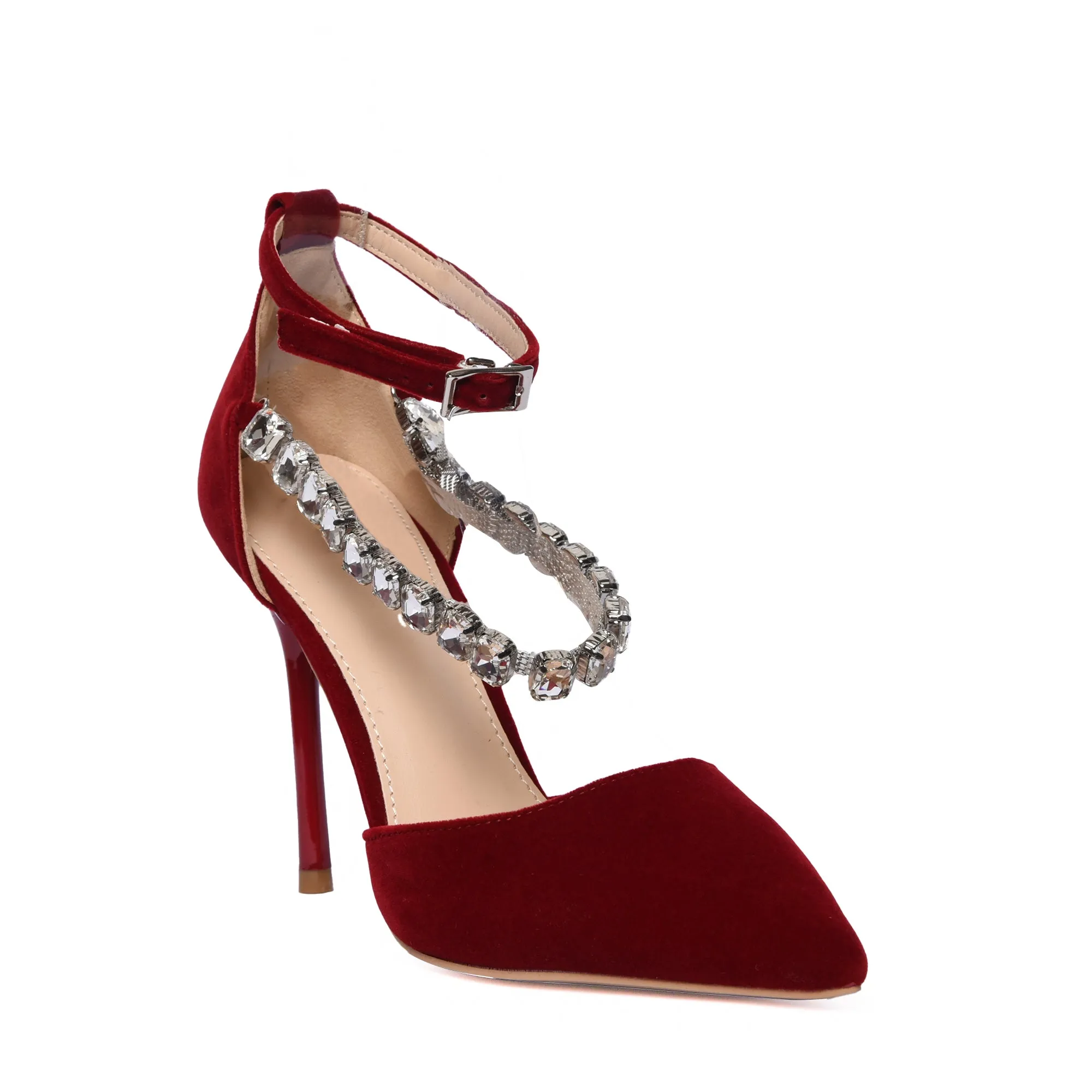 Glamorous Red Velvet Ankle Strap Heels | 461K-M