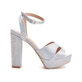 Glamorous Silver Block Heel Sandals with Rhinestones | 262G-S