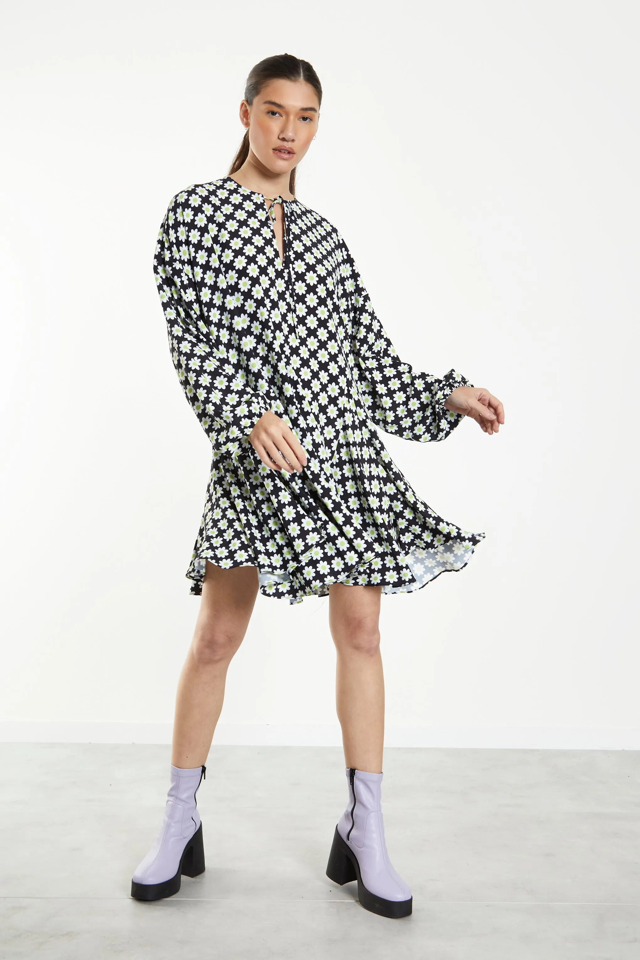 Glamorous Sixties Flower Long Sleeve Oversized Mini Dress