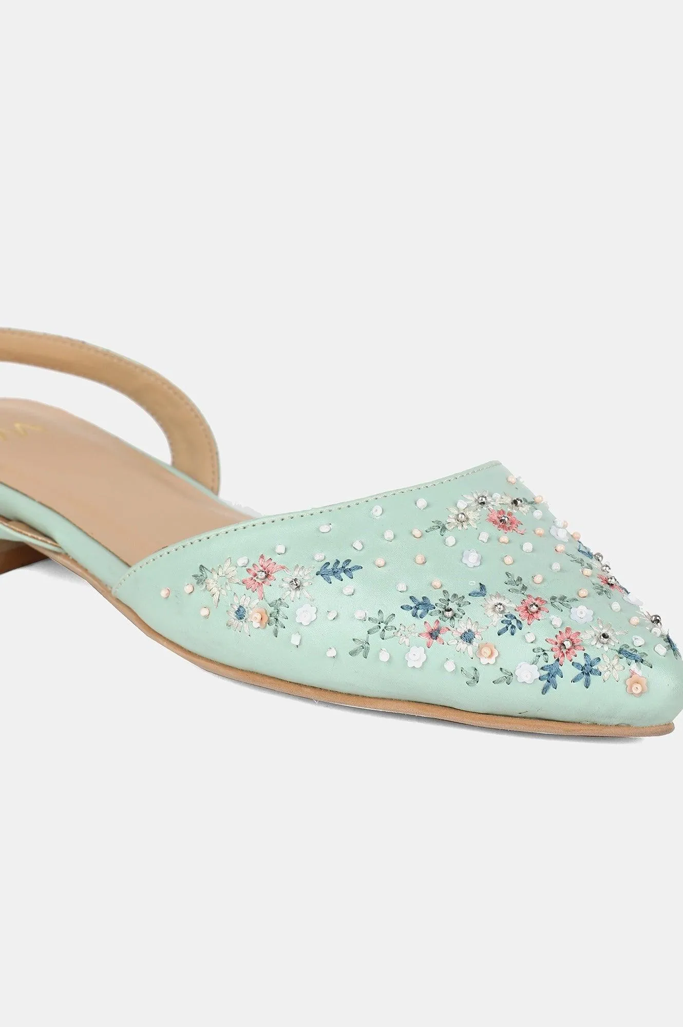 Green Pointed Toe Embroidered Flat