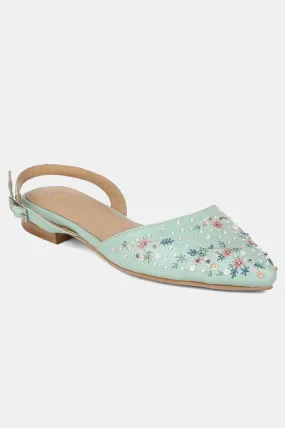 Green Pointed Toe Embroidered Flat