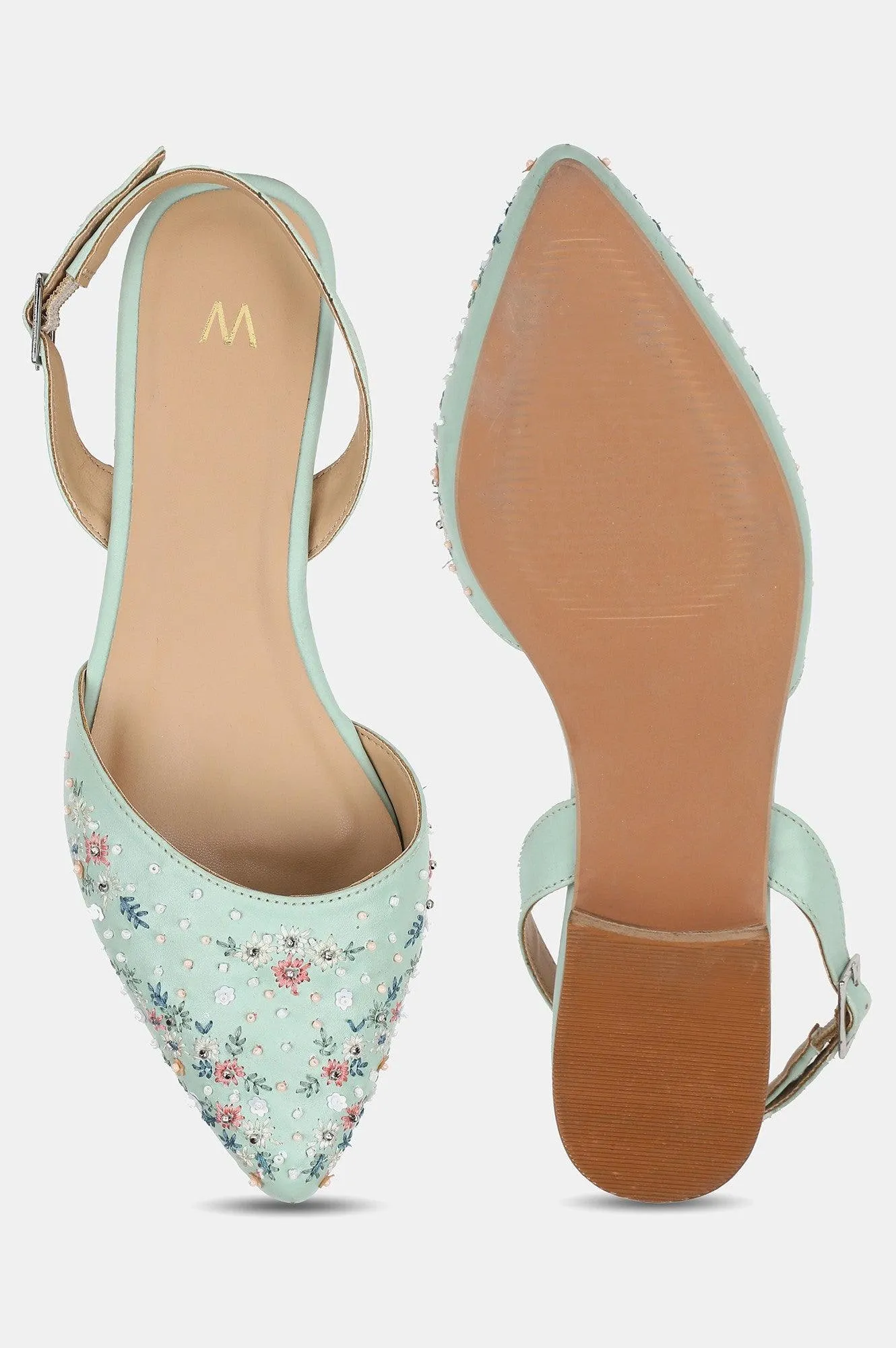 Green Pointed Toe Embroidered Flat