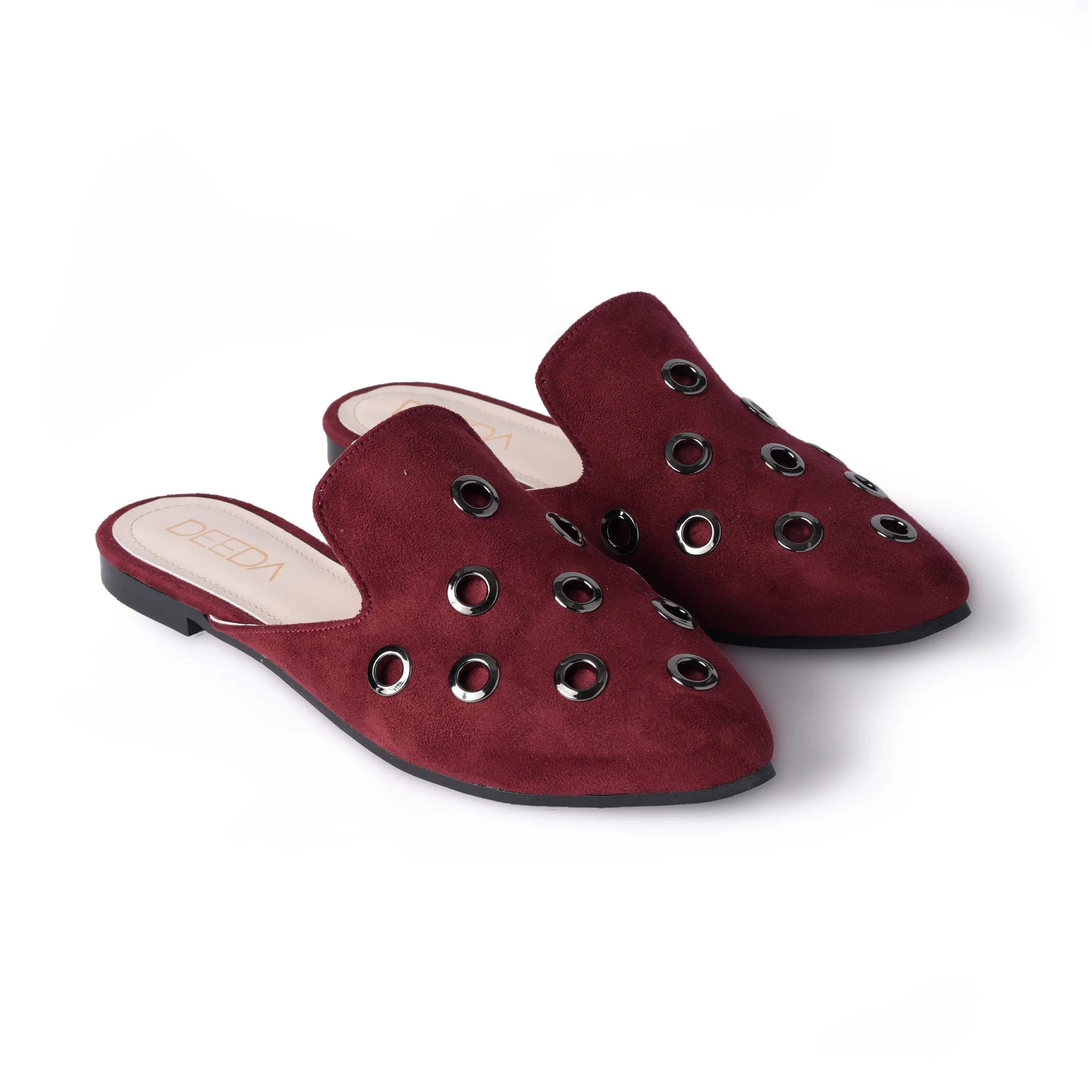 GROMMET ALMOND-TOE MULES - BURGUNDY