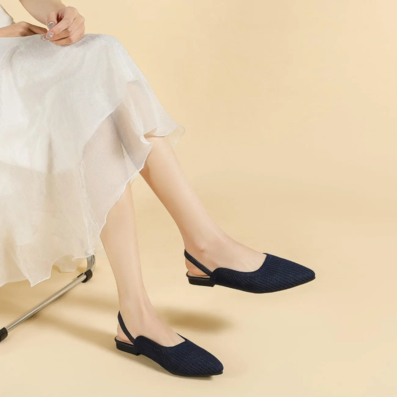HROYL Slingback Flats for Women Pointed Toe Ballet Flats Shoes Women Dressy Comfortable Slip On Knit Flat Model XTZ-BT6
