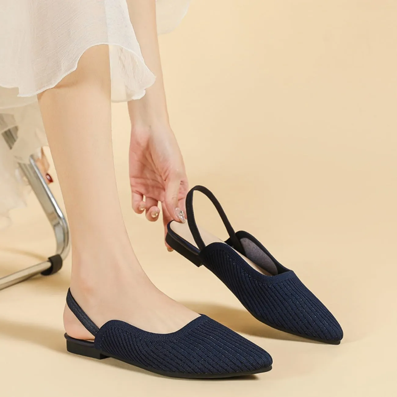 HROYL Slingback Flats for Women Pointed Toe Ballet Flats Shoes Women Dressy Comfortable Slip On Knit Flat Model XTZ-BT6