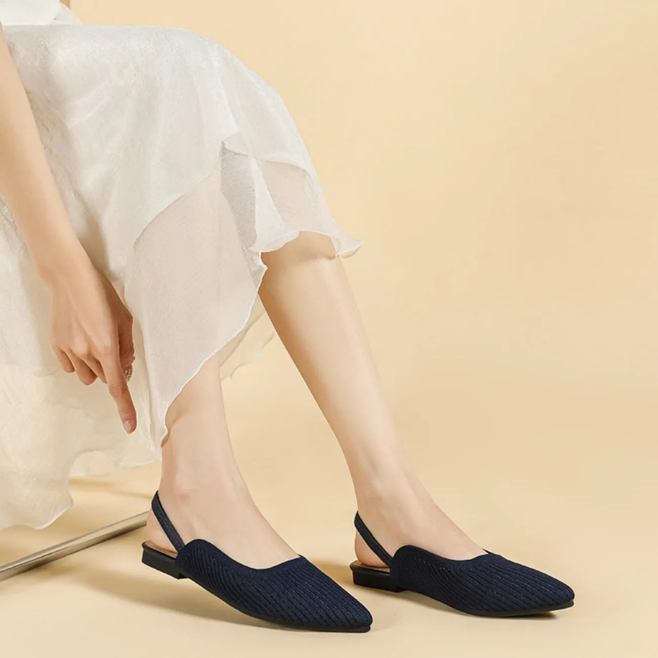 HROYL Slingback Flats for Women Pointed Toe Ballet Flats Shoes Women Dressy Comfortable Slip On Knit Flat Model XTZ-BT6