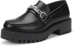 IDIFU IN2 Platform Loafers for Women with Chain Chunky Heel Penny Loafers Comfortable Round Toe Dress Shoes Work Office Business Dressy Fashion Casual Slip On Lug Sole Loafers Shoes