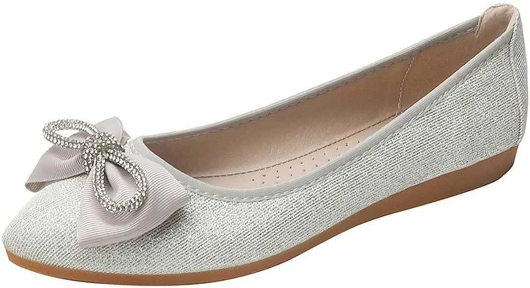 JOEupin Women's Pointed Toe Dress Flats Comfort Slip On Foldable Ballet Flat Shoes Soft with Bowknot