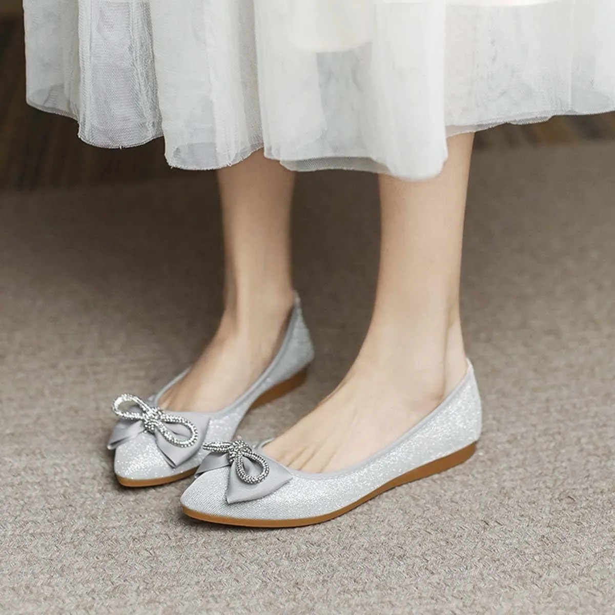 JOEupin Women's Pointed Toe Dress Flats Comfort Slip On Foldable Ballet Flat Shoes Soft with Bowknot