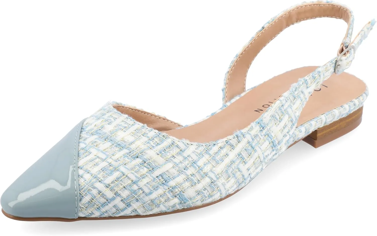 Journee Womens Buckle Slingback Tweed Stacked Block Heel Closed Pointed Toe Comfort Foam Daphnne Flat