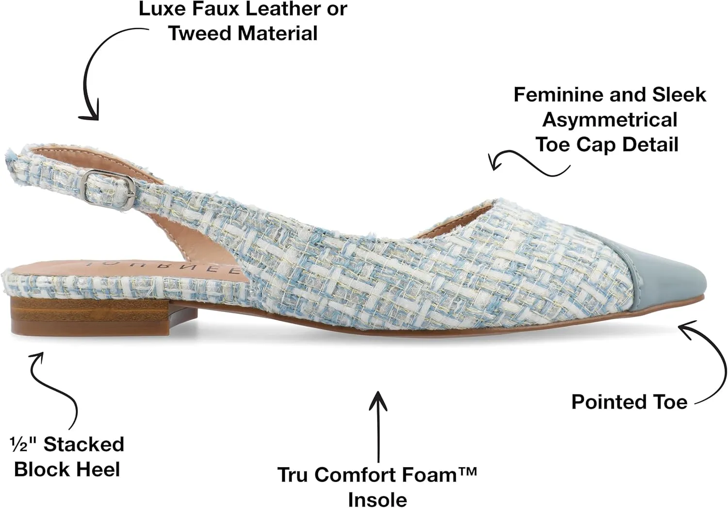 Journee Womens Buckle Slingback Tweed Stacked Block Heel Closed Pointed Toe Comfort Foam Daphnne Flat