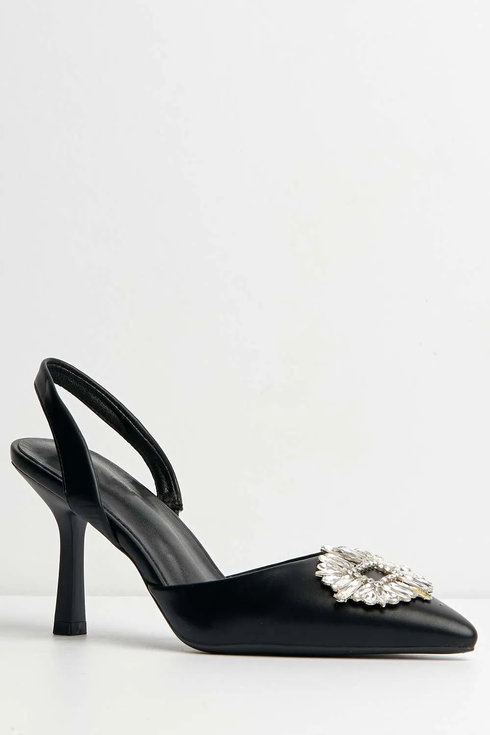 Judy Pointy Diamante Broach Court Shoes in Black