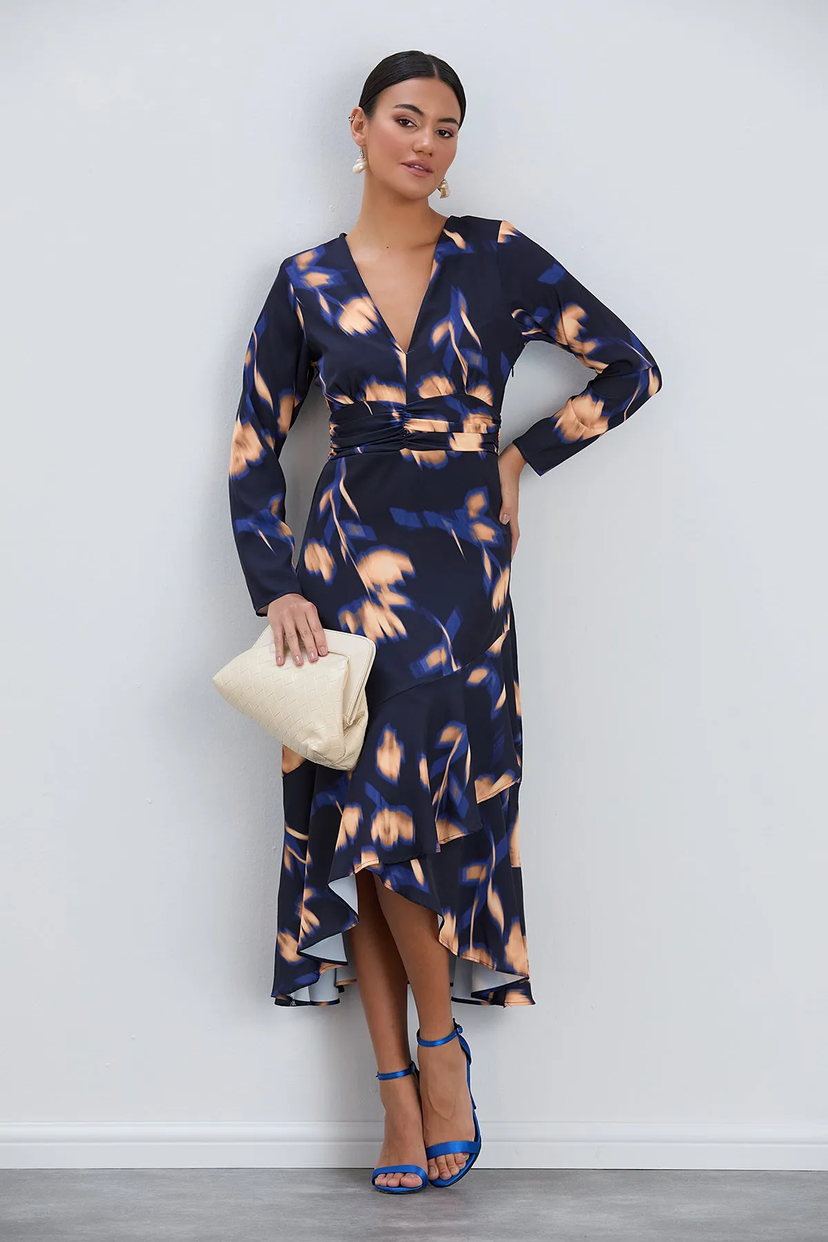 Long Sleeve Frill Midi Dress in Navy with Orange Floral Print