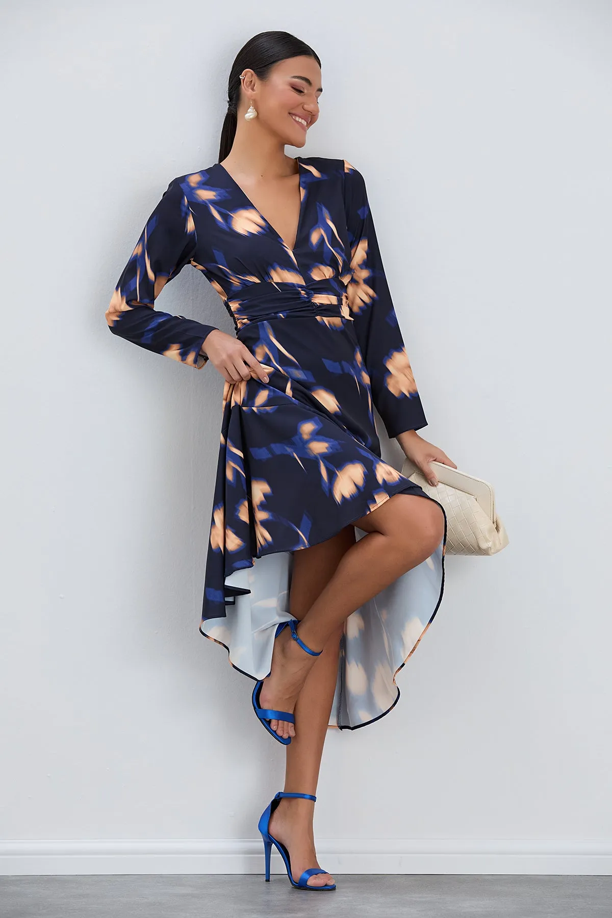 Long Sleeve Frill Midi Dress in Navy with Orange Floral Print