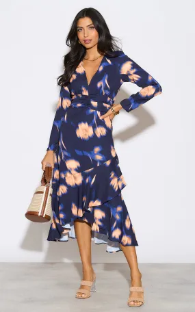Long Sleeve Frill Midi Dress in Navy with Orange Floral Print