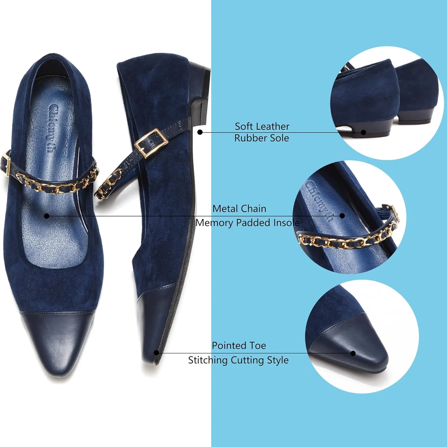 Mary Jane Flats;Two Tones Pointed Toe Ballet Flats;Fashion Mary Jane Shoes.