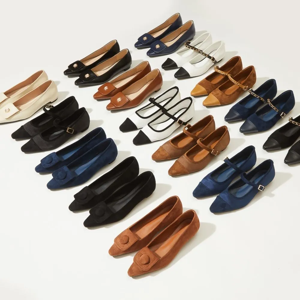 Mary Jane Flats;Two Tones Pointed Toe Ballet Flats;Fashion Mary Jane Shoes.