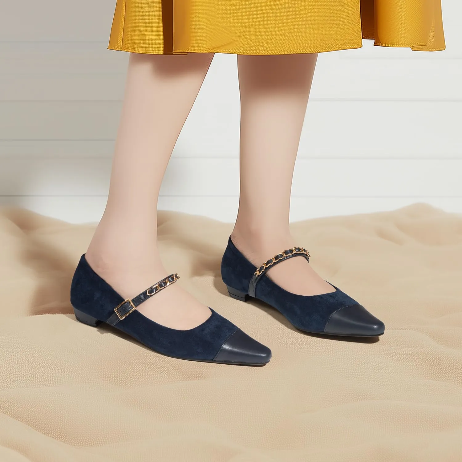 Mary Jane Flats;Two Tones Pointed Toe Ballet Flats;Fashion Mary Jane Shoes.