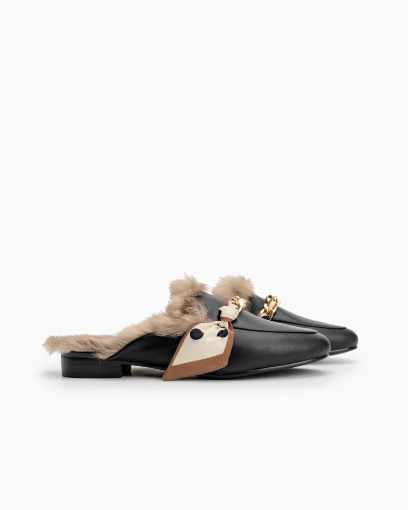 Ribbon Decor Flat Fur Comfortable Slippers Mules