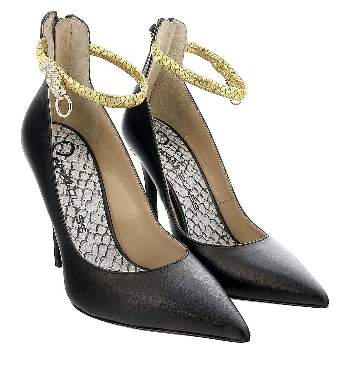 Roberto Cavalli Class  Black/Gold Leather Ankle Strap High Heel  Pump-