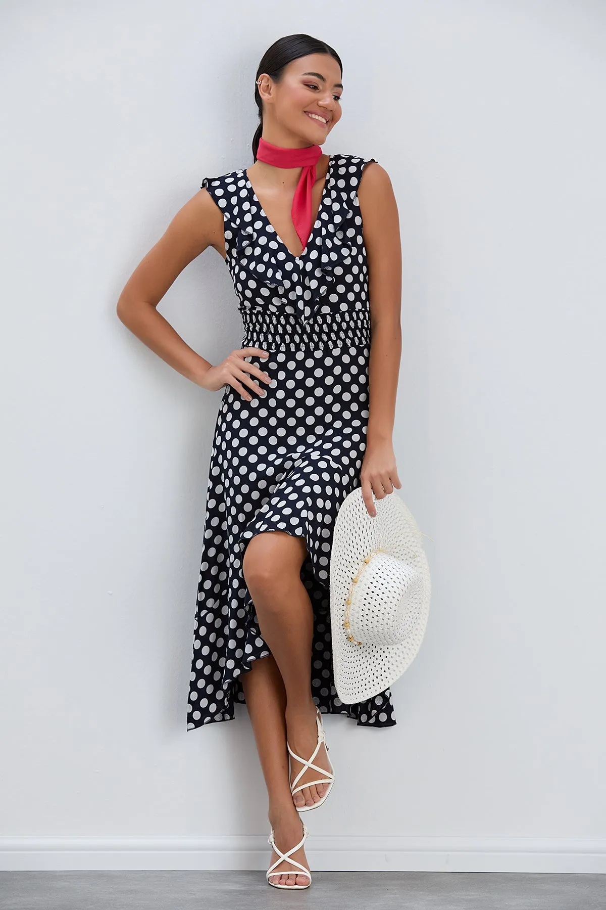 Ruffle Elasticated Midi Dress in Polka dot print