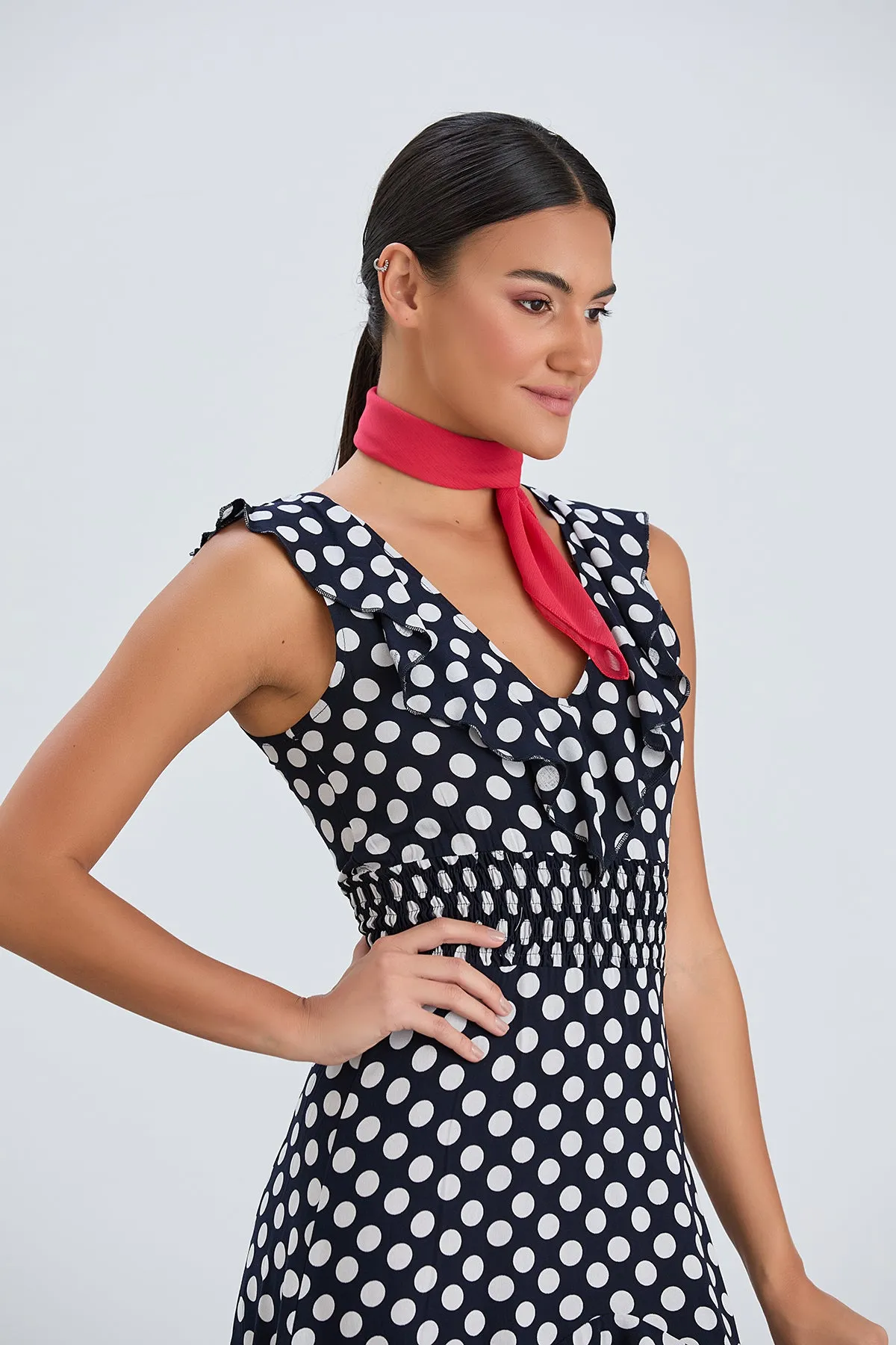 Ruffle Elasticated Midi Dress in Polka dot print