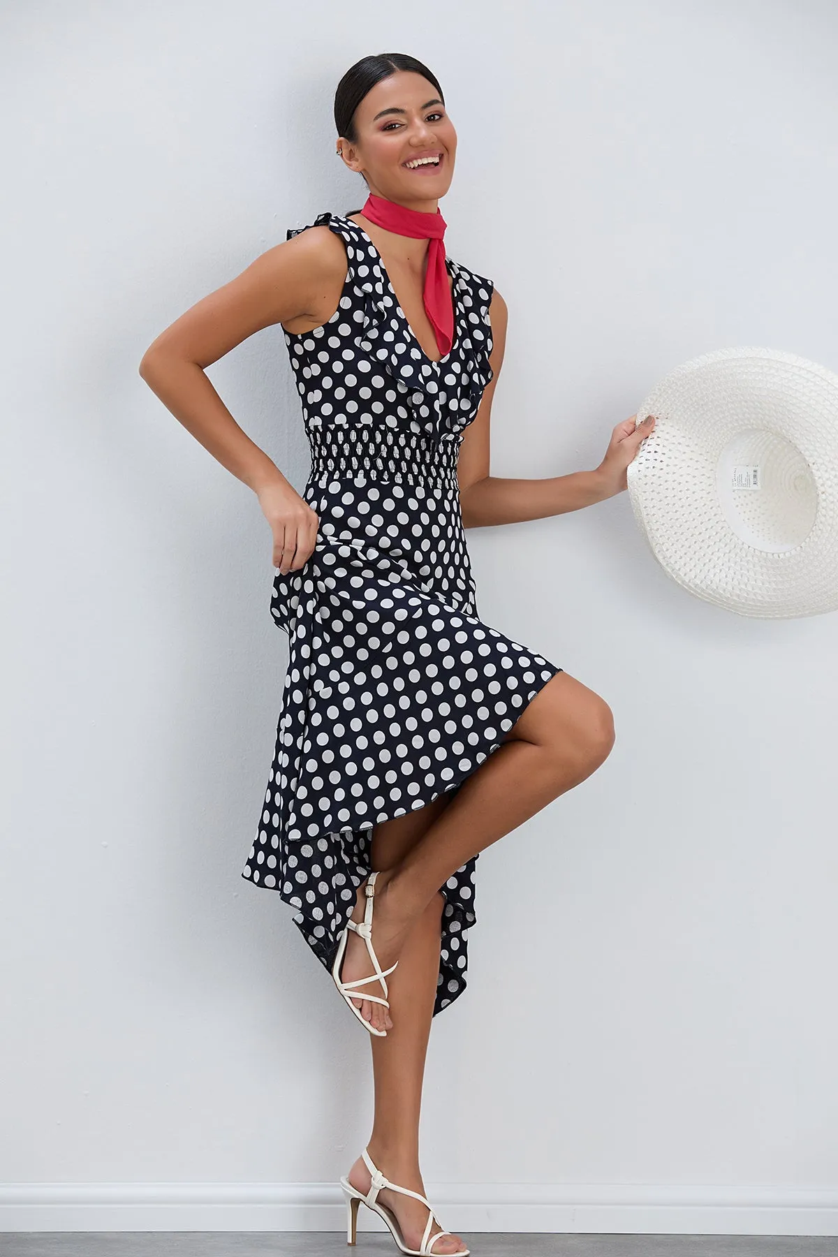 Ruffle Elasticated Midi Dress in Polka dot print