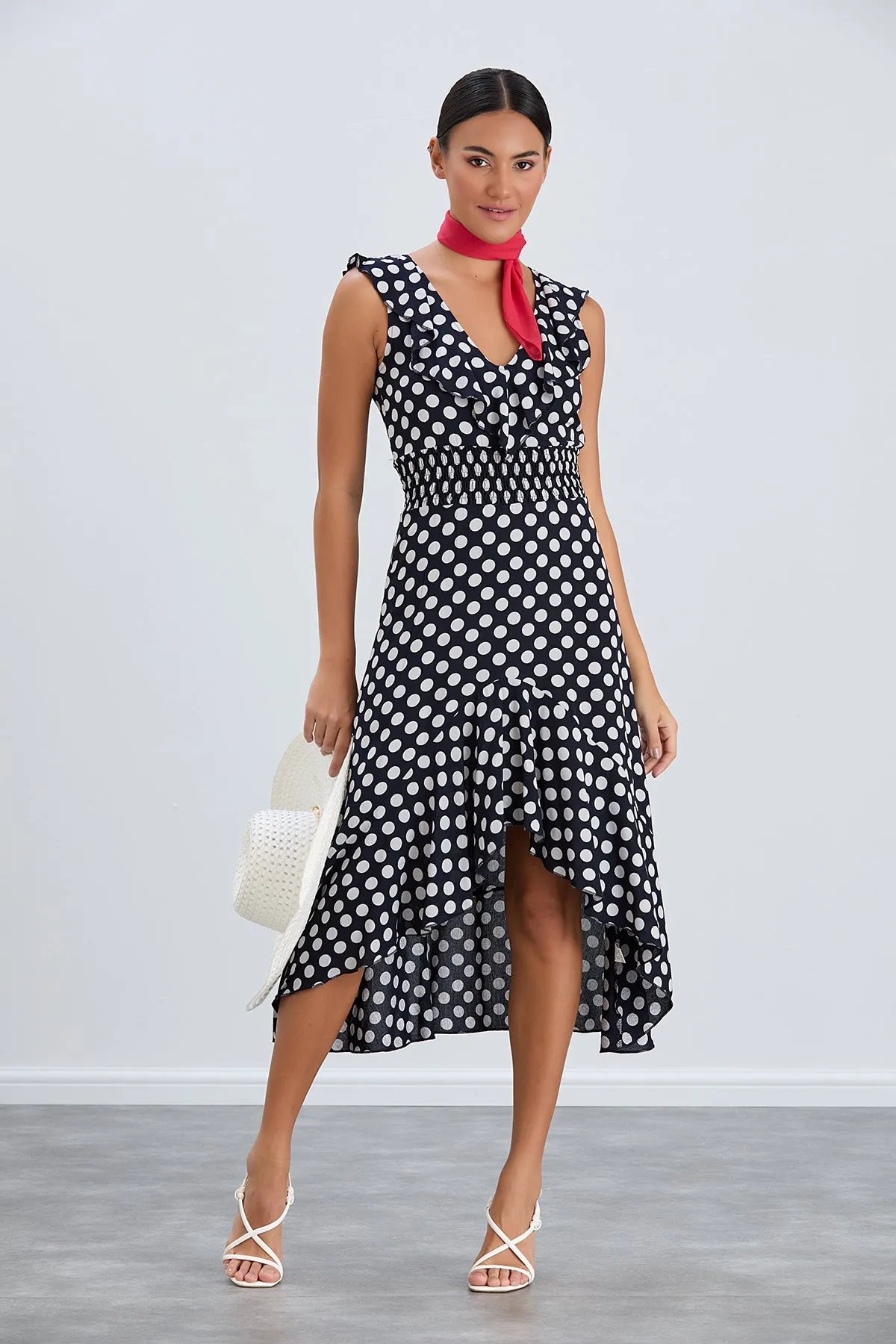 Ruffle Elasticated Midi Dress in Polka dot print