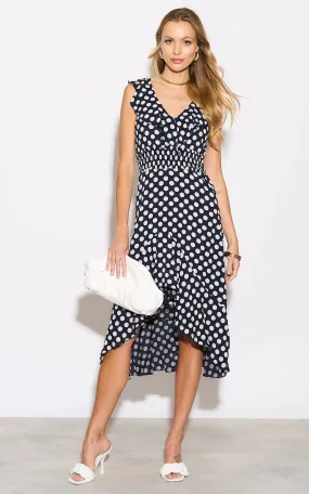 Ruffle Elasticated Midi Dress in Polka dot print