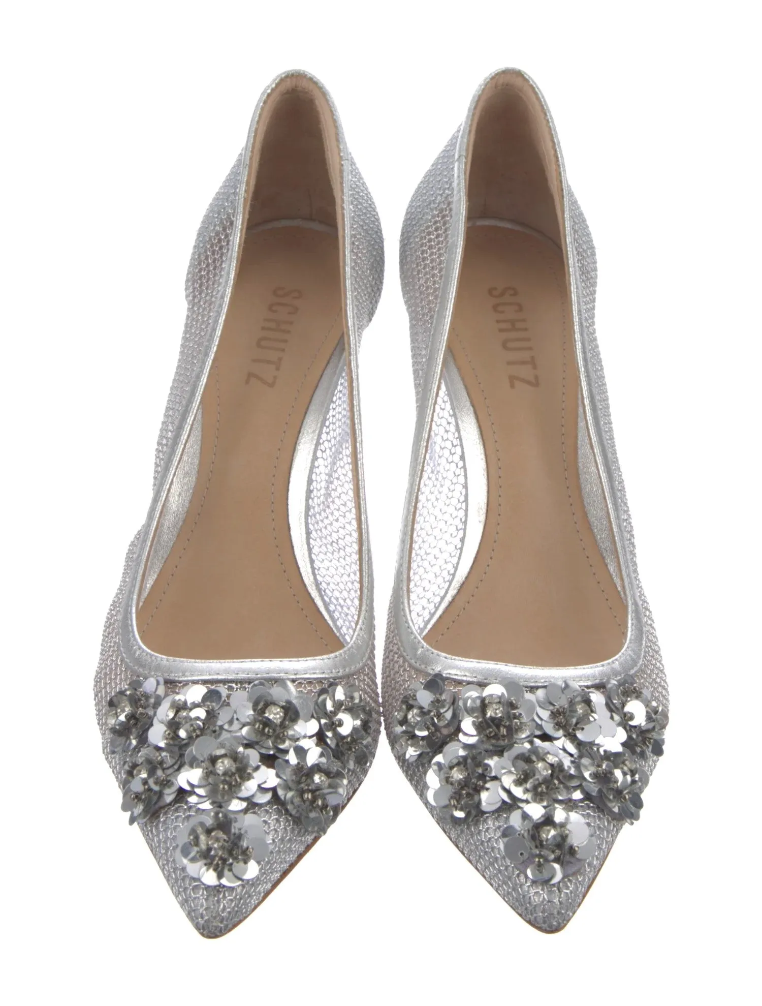 Schutz Sequin Prata Mesh Womens Fashion Slip On Stiletto Heeled Pump Shoes