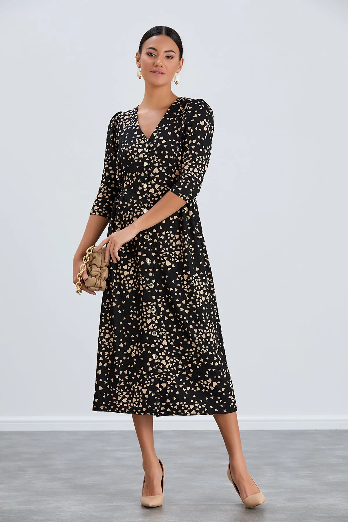 Shirt Midi Dress with Elasticated waist in Black print